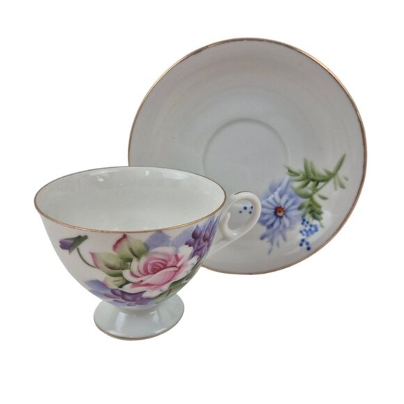 Lefton Teacup Saucer Set Japan Hand Painted Floral 4671 Gold Trim Vintage - Picture 2 of 10